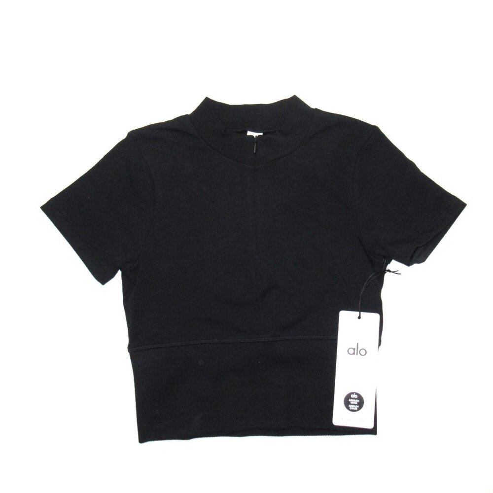 NWT Alo Seamless Winter Warm Plush Cropped Short Sleeve Top in Black XS